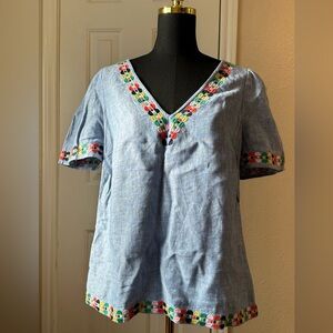 Boden Heidi Embroidered Top Blue Linen Blouse Size 10 100% Linen Boho Style